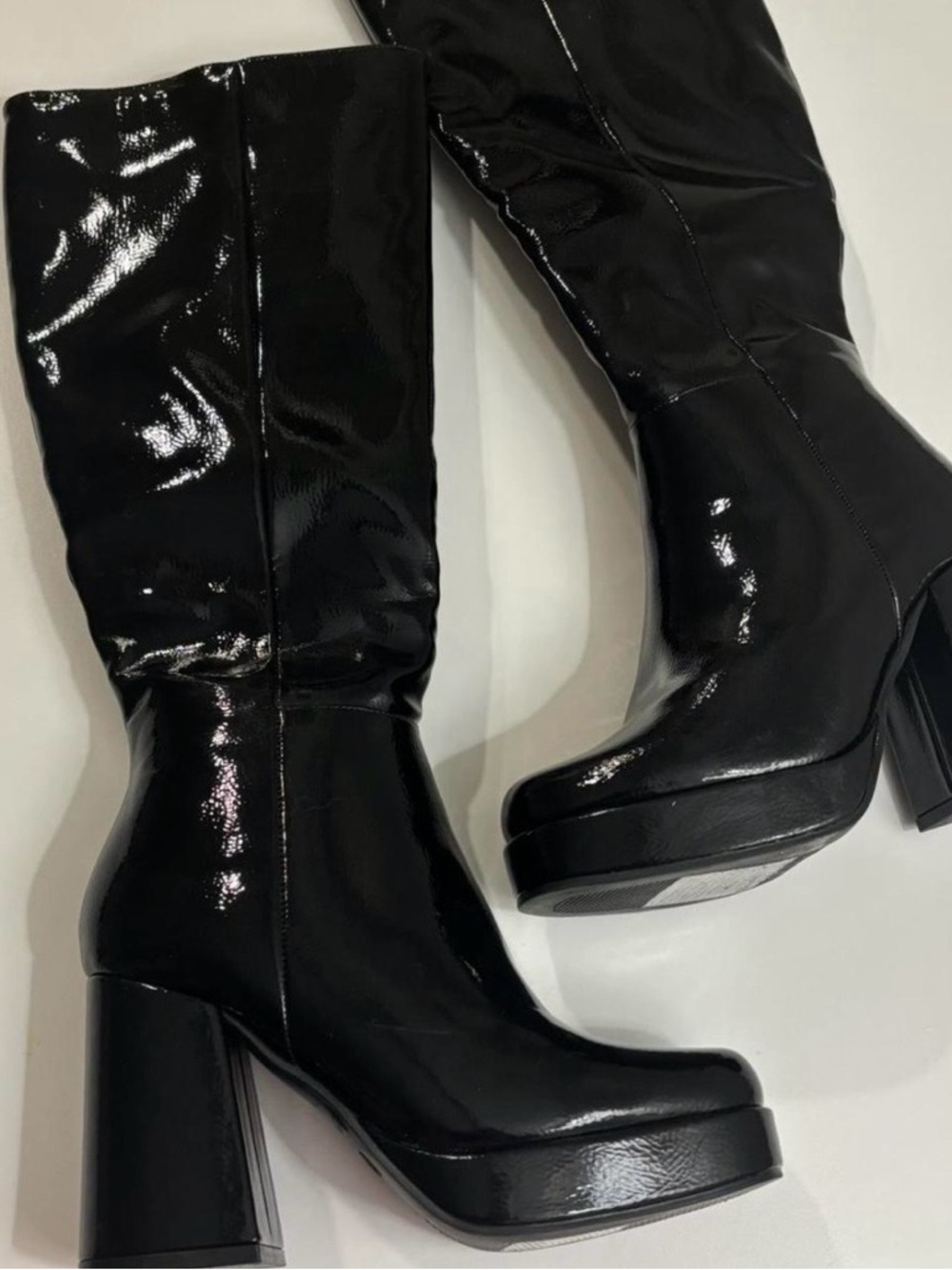 Women's Black Patent Platform Knee Boots - Sleek High Block Heel